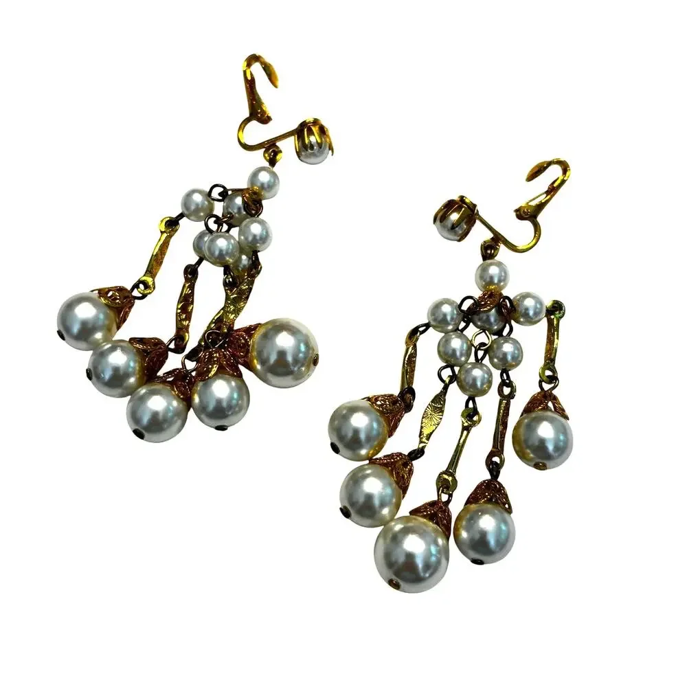 Clip on earrings chandeliers vintage Japan faux pearls gold tone filigree style